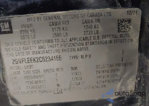 2012 Chevrolet Equinox 1Lt z USA, uszkodzony, nr VIN 2GNFLEEK2C6234166